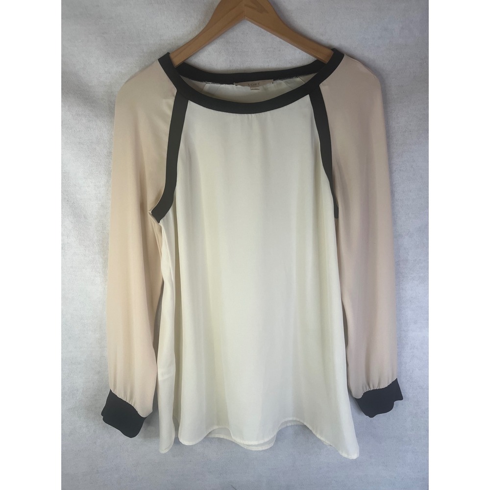 LOFT cream‎ and blush color block blouse semi sheer "sweatshirt" style top Sz S